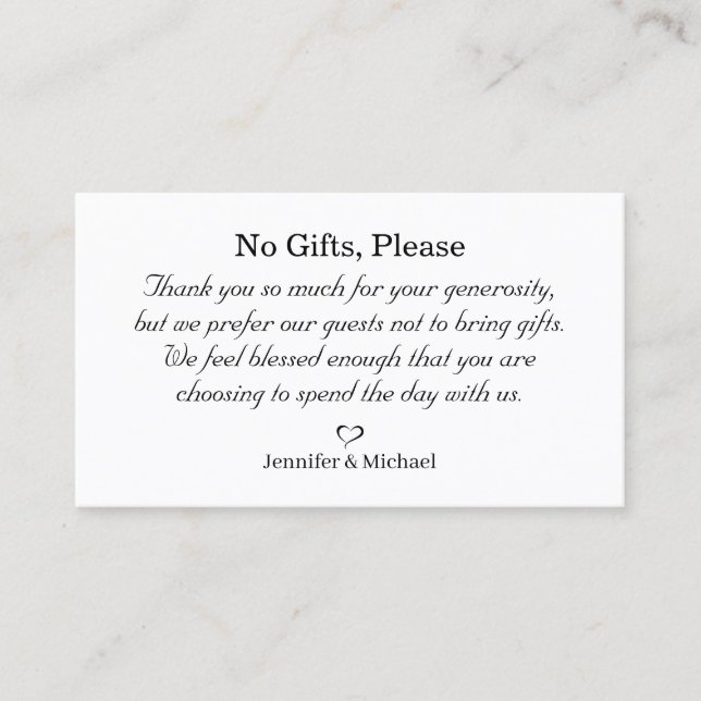no gifts please, note on wedding gifts minimalist enclosure card (Front)