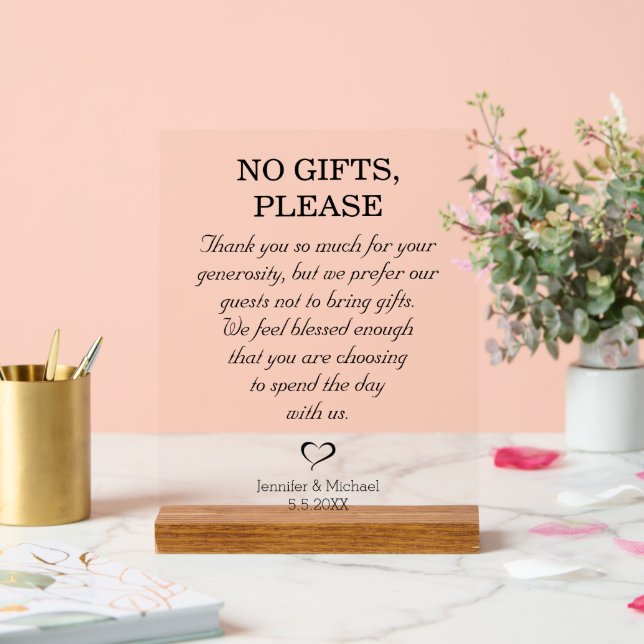 no gifts please, wedding minimal script simple acrylic sign (Wedding)