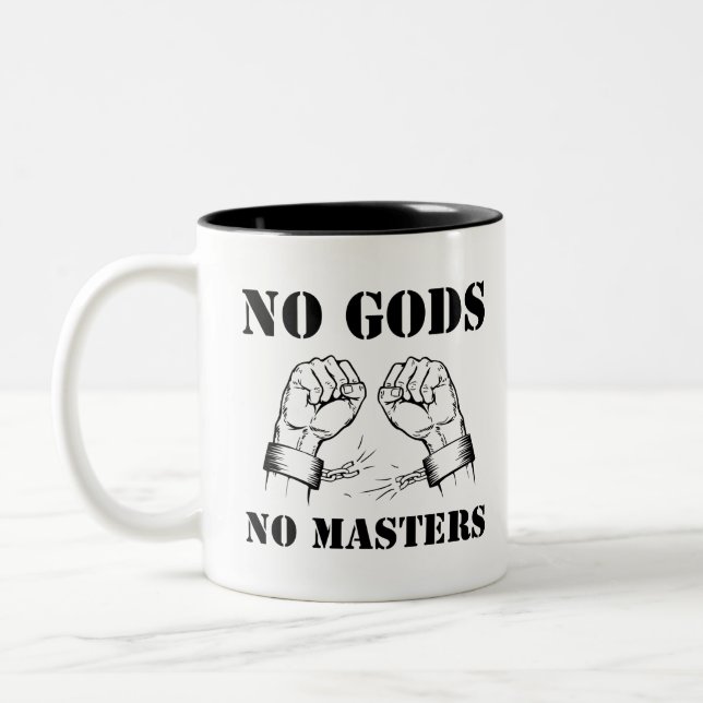 No Gods, No Masters - Atheism & Anarchy (Black) Two-Tone Coffee Mug (Left)