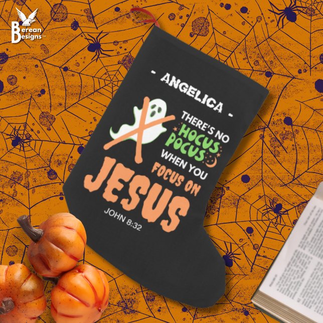 NO HOCUS POCUS Christian Halloween Small Christmas Stocking (Christian Halloween NO HOCUS POCUS Stocking with Bible verse and customizable text for family gifts.)