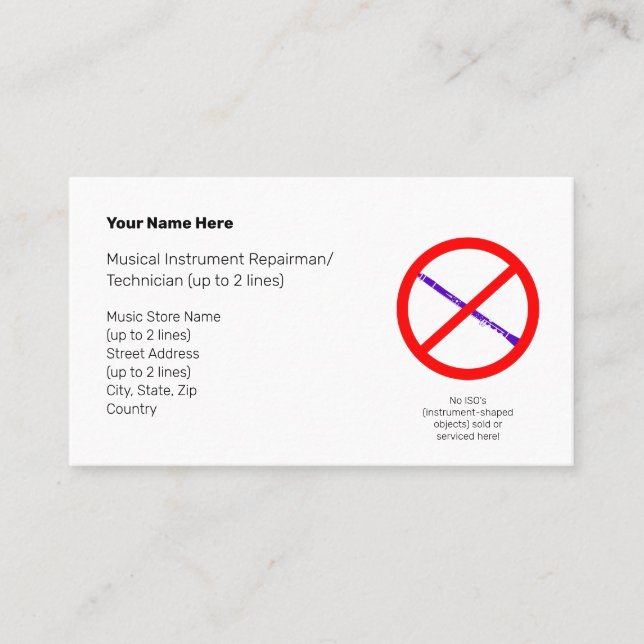 No Instrument-Shaped Objects Pur. Clr. II Wht. Business Card (Front)