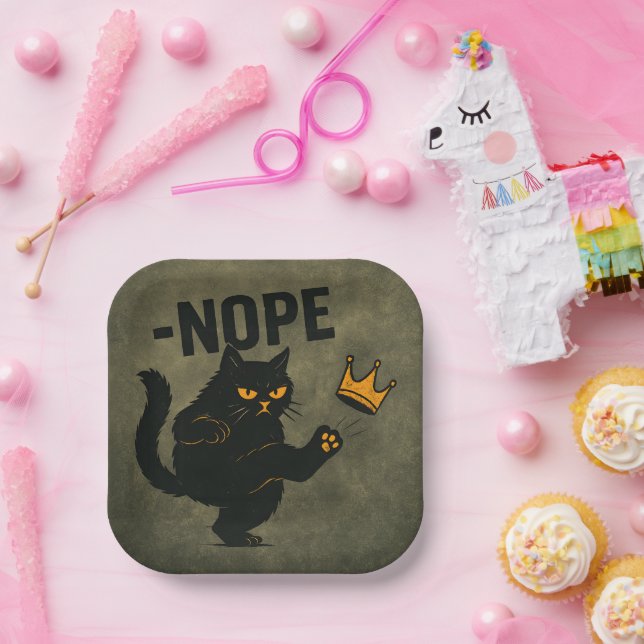 No Kings In America Black Cat Funny Kicking Crown Paper Plate (Party)