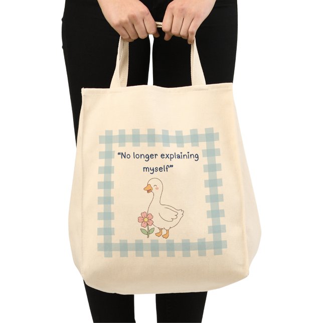 “No Longer Explaining Myself” Goose Tote Bag ("No longer explaining myself" grocery tote bag with custom name on back)