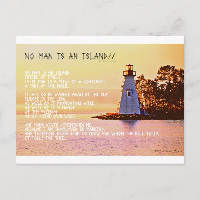 No Man is an Island, by John Dunne. Postcard (Front)