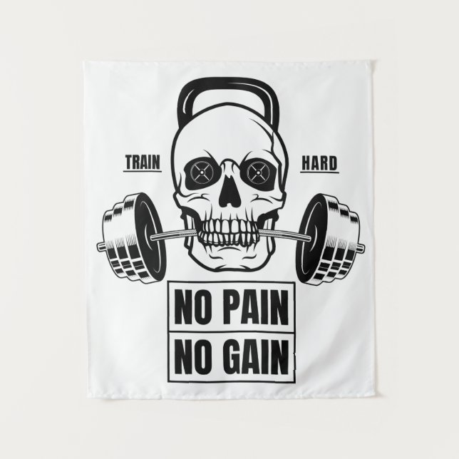 No Pain No Gain Barbell and Skull Tapestry (Front)