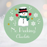 No Peeking Cute Christmas Snowman Green Editable Classic Round Sticker<br><div class="desc">Add a little whimsical charm to the holiday season with these cute "No Peeking!" Christmas stickers. An editable template, personalized with the recipient's name, featuring snowflakes and stars, and a festive snowman wearing a hat, scarf and mittens. A perfect way to add a unique touch to your gifts for family...</div>