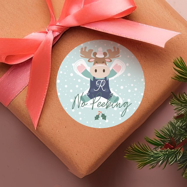No Peeking Cute Woodland Moose Snow Angel Classic Round Sticker (No Peeking Cute Woodland Moose Snow Angel Classic Round Sticker)