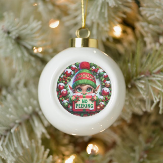No Peeking Elf" - Playful Christmas  Ceramic Ball Christmas Ornament (Tree)