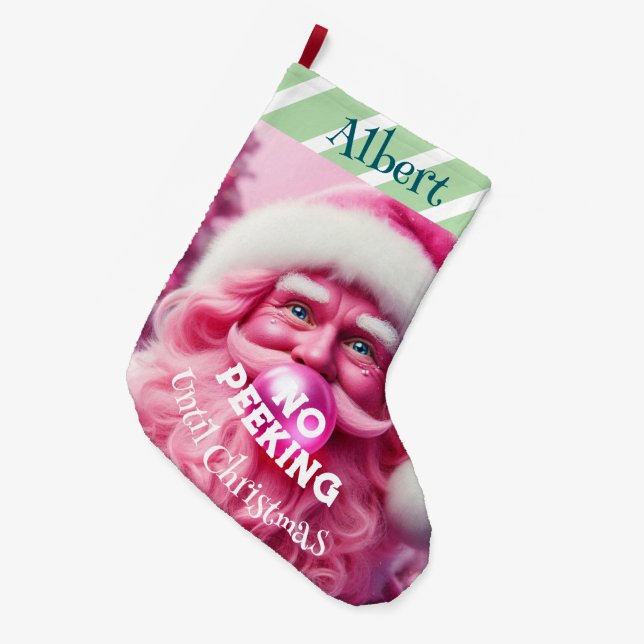 No Peeking Pink Bubble Gum Santa | Custom Name Large Christmas Stocking (Front (Hanging))