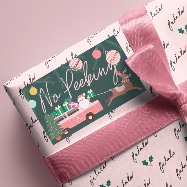 No Peeking Pink Christmas Van Santa & Reindeer Sticker (No Peeking Pink Christmas Van Santa & Reindeer Rectangular Sticker)