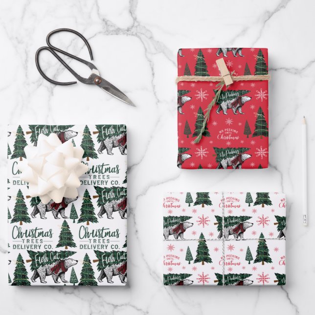 No Peeking Polar Bear Christmas Trees Delivery Wrapping Paper Sheet (Front)