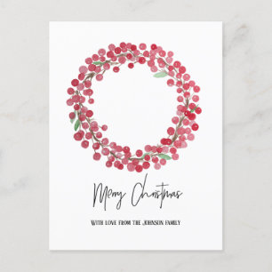 No photo Watercolor Red Berry Wreath Christmas Holiday Postcard