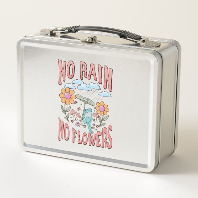 "No Rain, No Flowers" | Inspirational Floral Metal Lunch Box (Front)