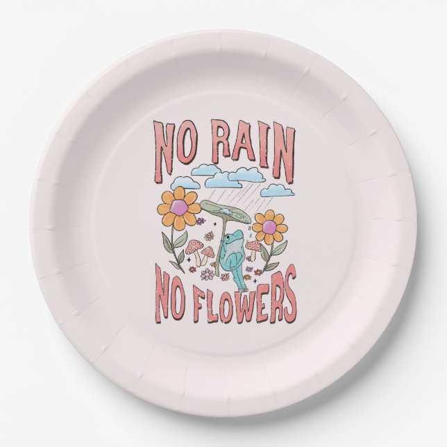 "No Rain, No Flowers" | Inspirational Floral Paper Plate (Front)