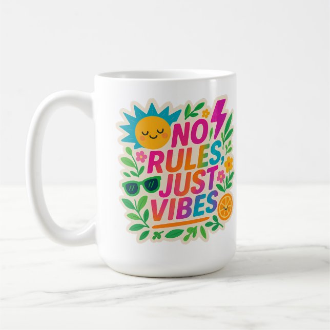 No Rules Just Vibes – Neon Gradient Kawaii-Punk Ty Coffee Mug (Left)