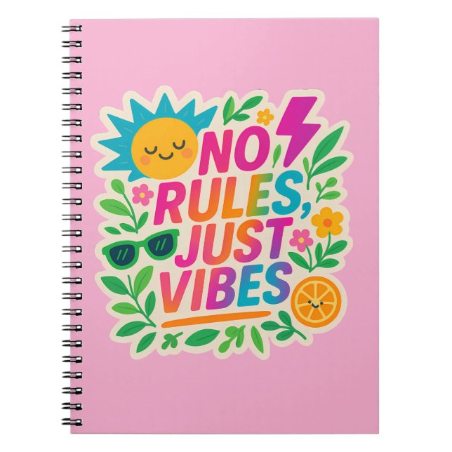 No Rules Just Vibes – Neon Gradient Kawaii-Punk Ty Notebook (Front)
