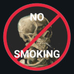No Smoking Sign with Van Gogh Skull Artwork Classic Round Sticker<br><div class="desc">Head of a Skeleton with a Burning Cigarette / Skull with Burning Cigarette / Crane de squelette fumant une cigarette - Vincent van Gogh,  1885</div>