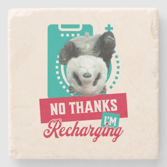 No Thanks, I’m Recharging Panda Bear Cub Battery Stone Coaster (Front)