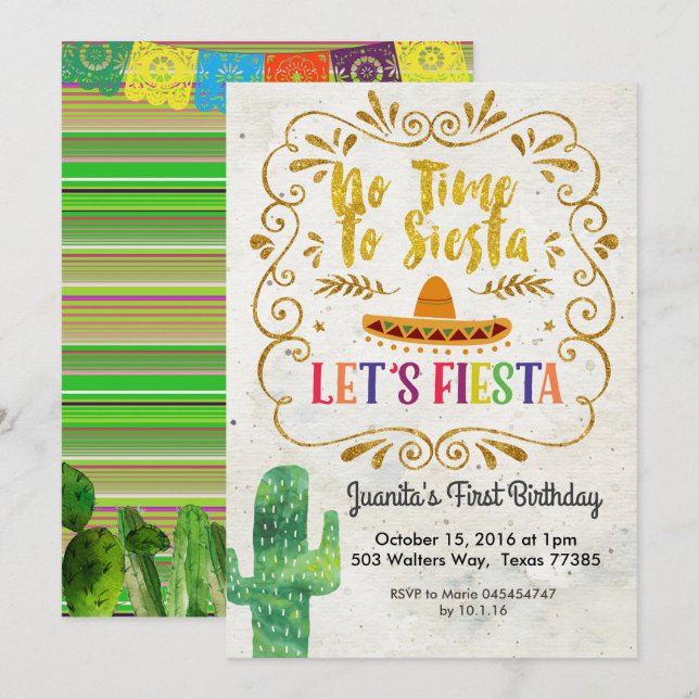 No Time to Siesta, Let's Fiesta Invitation Gold (Front/Back)