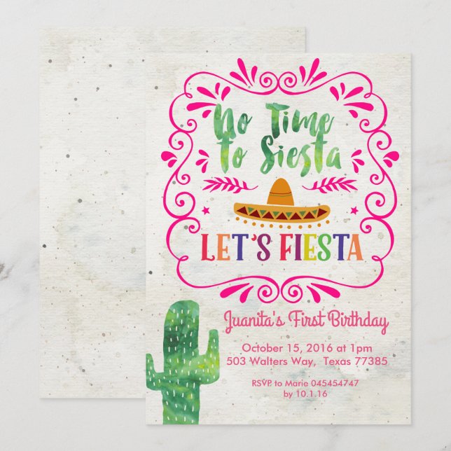 No Time to Siesta, Let's Fiesta Invitation Pink (Front/Back)
