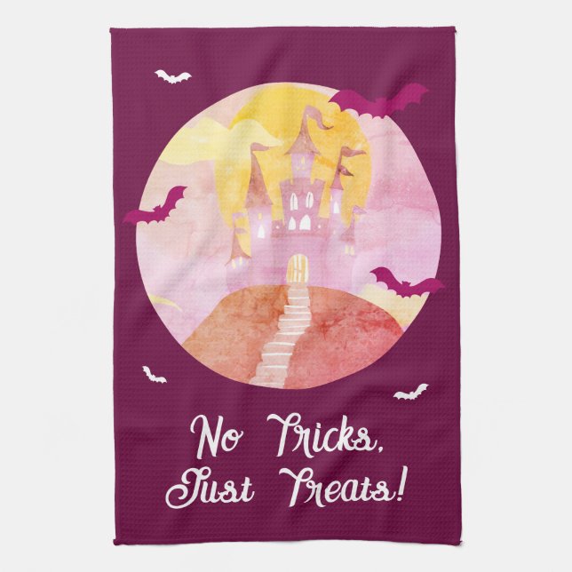 No Tricks Just Treats Spooky Castle Halloween Kitchen Towel (Vertical)