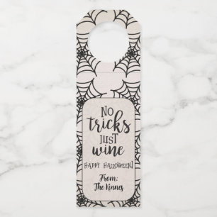 No Tricks Just Wine Beige Black Webs Bottle Tag