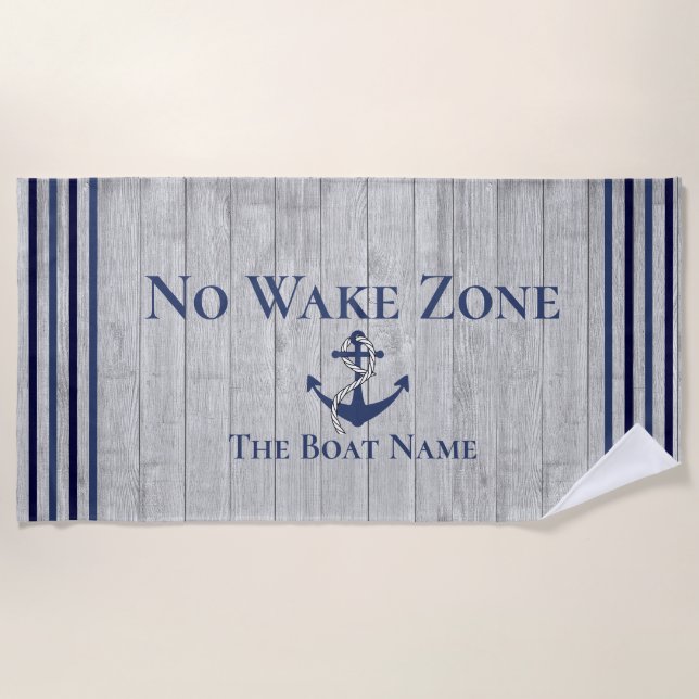 No Wake Zone Navy Anchor Rope Nautical Beach Towel (Front)