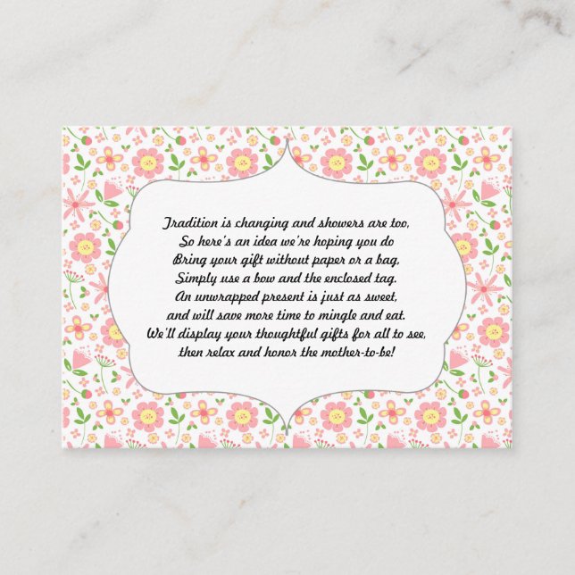 No wrap insert card baby shower pink floral (Front)