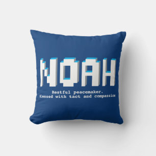 Noah boys name meaning blue pixels text gamers throw pillow