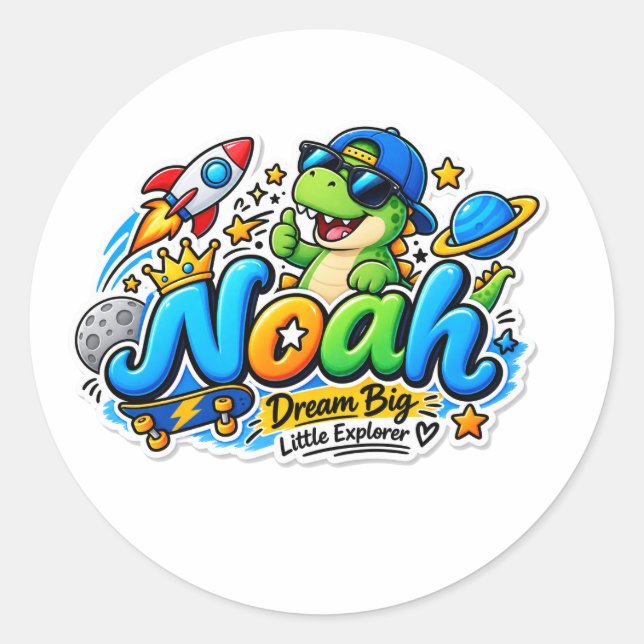 Noah Little Cute Dinosaur Personalized Sticker (Front)