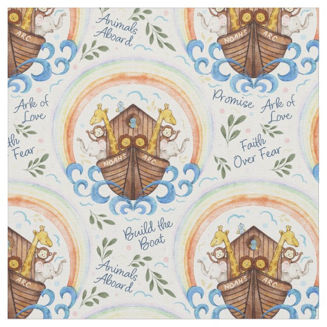 Noah's Arc with Animals sailing in Faith Fabric (Close Up)