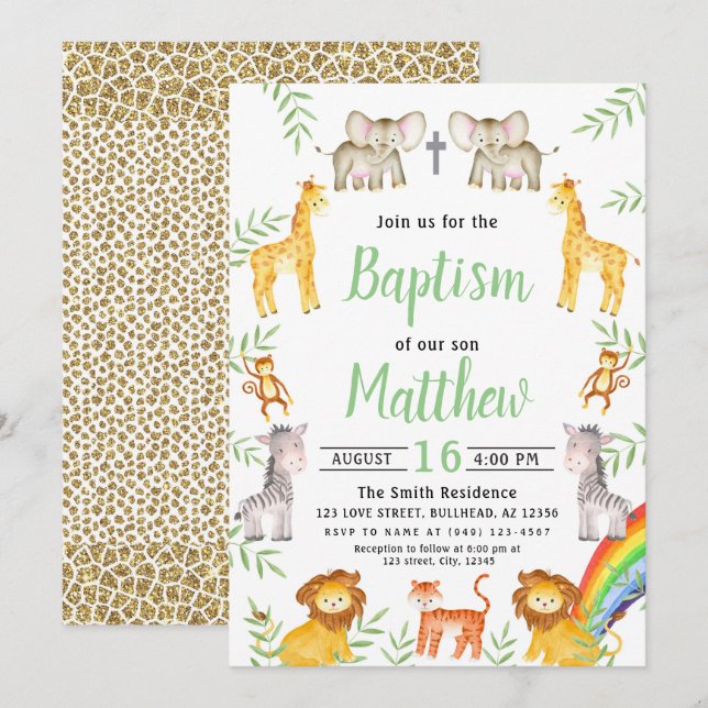Noahs Ark Animal and Rainbow Watercolor Baptism Invitation (Front/Back)