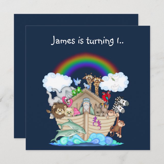 Noahs ark animal invitation Navy Blue (Front/Back)