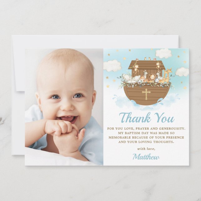 Noah's Ark Animals Boy Baptism Christening Photo Thank You Card (Front)