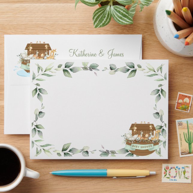 Noah's Ark Animals Greenery Baby Shower Neutral   Envelope (Desk)