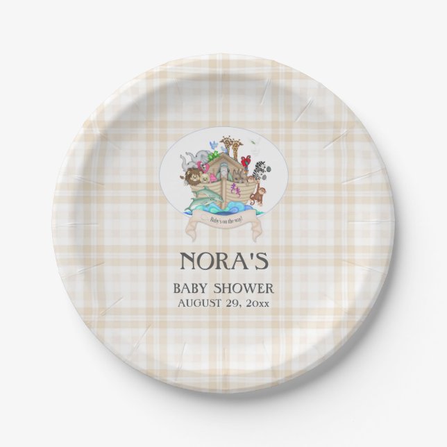 Noah's Ark Animals Ivory Beige Gingham Paper Plate (Front)