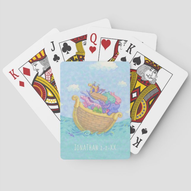 Noah's Ark Animals Monogram Name Blue Playing Cards (Back)