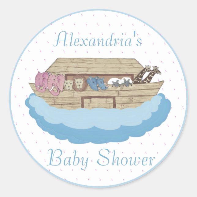 Noah's Ark Baby Boy Blue  Baby Shower Classic Round Sticker (Front)