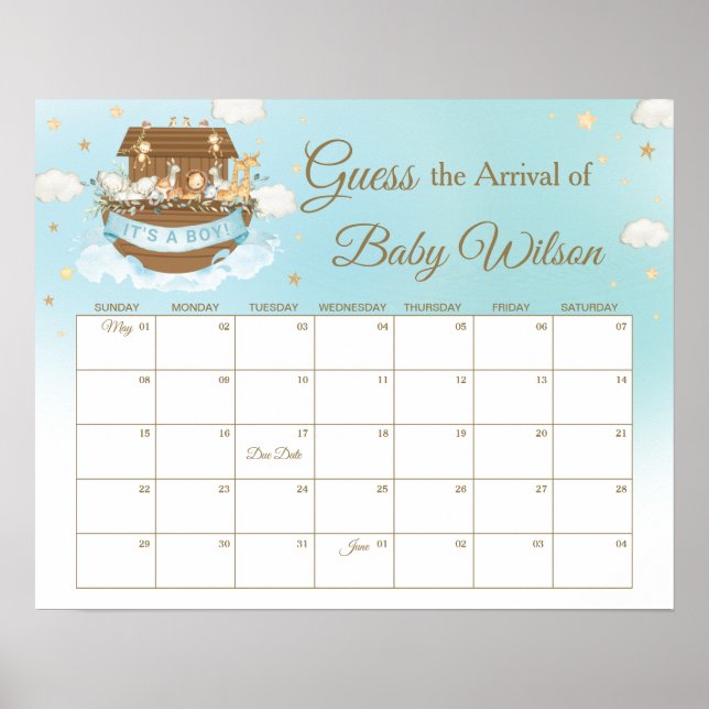 Noah's Ark Blue Boy Guess Baby's Due Date Game Poster (Front)