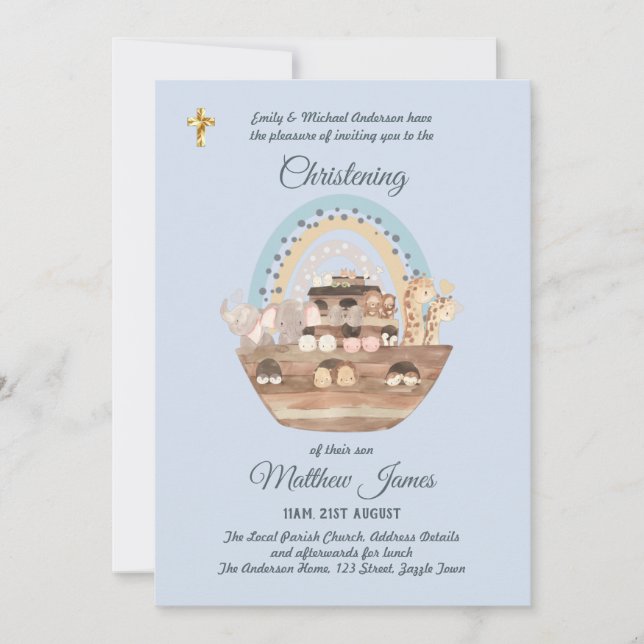 Noah's Ark Blue Boys Christening Invitation Baptêm (Devant)