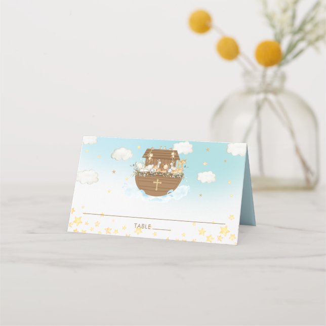 Noah's Ark Blue Cute Animals Baptism Guest Name Place Card (Front)