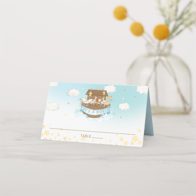 Noah's Ark Blue Cute Animals Boy Baby Shower Name Place Card (Front)