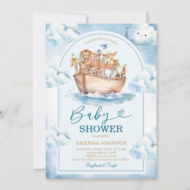  Noah's Ark Blue Watercolor Baby Shower Invitation (Front)
