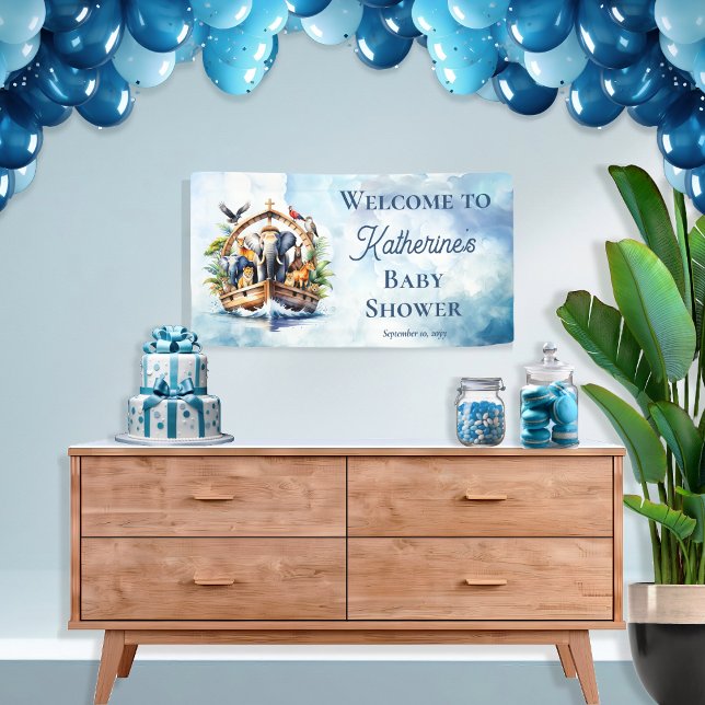 Noah's Ark Cute Animals Blue Boy Baby Shower Banner (Noah's Ark Cute Animals Blue Boy Baby Shower Banner 1.6' x 3')
