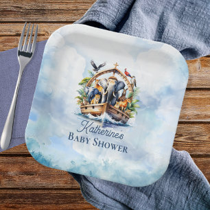 Noah's Ark Cute Animals Blue Boy Baby Shower Paper Plate