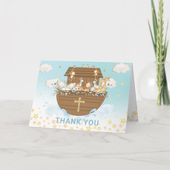 Noah's Ark Cute Animals Boy Baptism Christening Thank You Card (Front)