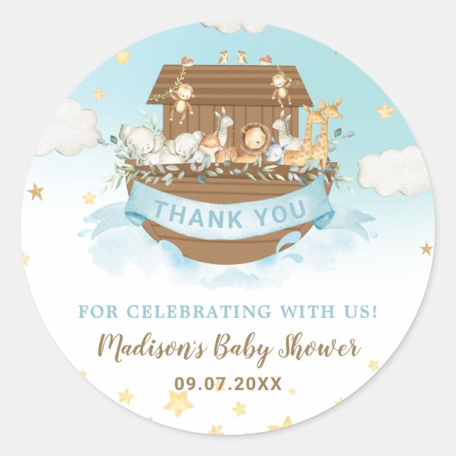 Noah's Ark Cute Animals Boy Birthday Baby Shower  Classic Round Sticker (Front)