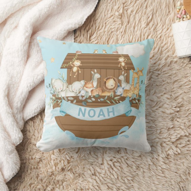 Noah's Ark Cute Animals Boy Nursery Sky Blue  Throw Pillow (Blanket)