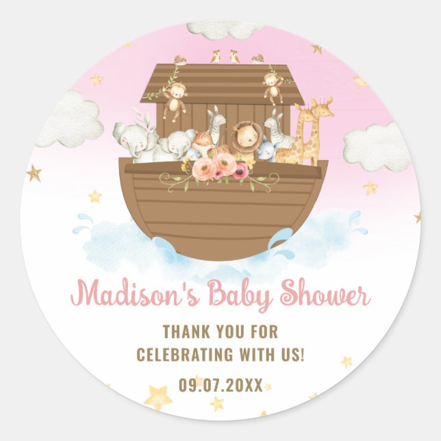 Noah's Ark Cute Animals Girl Baby Shower Favour Classic Round Sticker (Front)