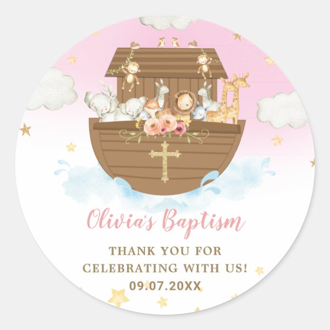 Noah's Ark Cute Animals Girl Baptism Christening  Classic Round Sticker (Front)